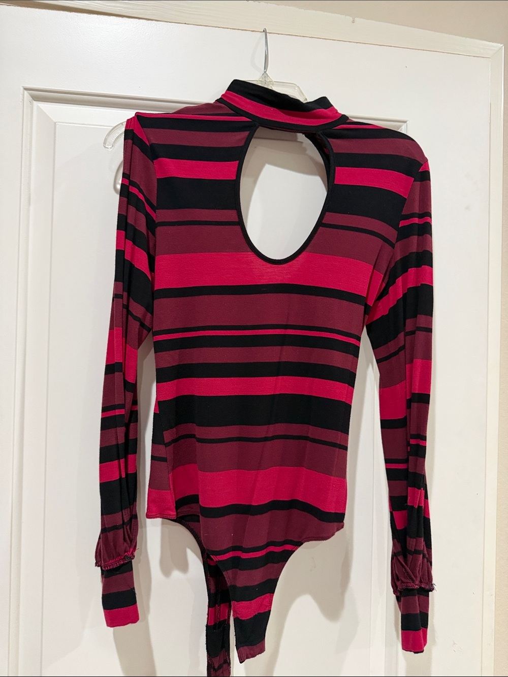 bebe Striped Keyhole Long-Sleeve Bodysuit - Pink & Black
